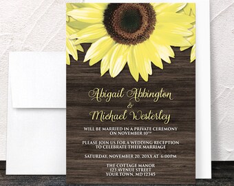 Sunflower Wood Reception Only Invitations - Rustic Yellow Floral on Brown Wood - Post-Wedding Reception - Printed Sunflower Invitations