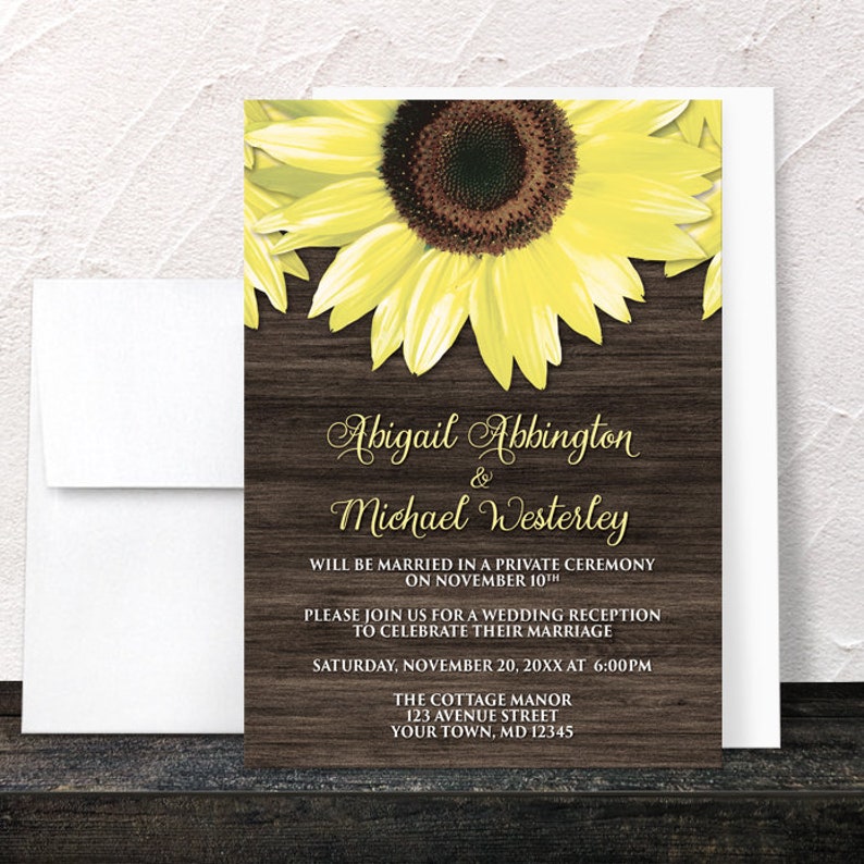 Sunflower Wood Reception Only Invitations Rustic Yellow Floral on Brown Wood Post-Wedding Reception Printed Sunflower Invitations image 1