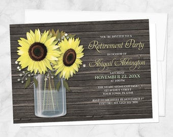 Sunflower Retirement Invitations, Rustic Wood Mason Jar retirement party invites - Printed