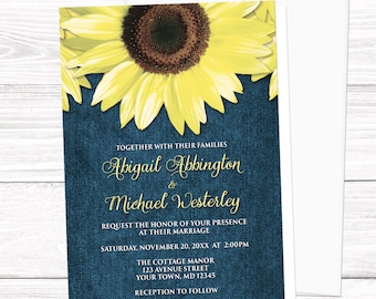Sunflower Wedding Invitations, Rustic Denim, yellow floral blue, summer invites - Printed Invitations