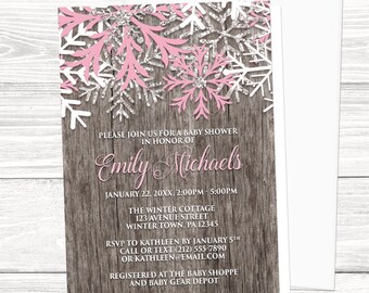 Rustic Winter Baby Shower Invitations, Pink Snowflake Rustic Wood - Girl Baby Shower, Printed