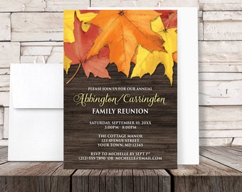 Autumn Leaves Wood Family Reunion Invitations - Rustic Fall Country Brown - Printed Invitations