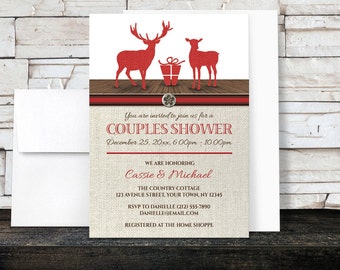 Couples Shower Invitations - Rustic Deer Burlap Red Holiday - Deer Couples Wedding Shower - Printed Invitations