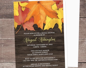 Autumn Bridal Shower Invitations, Rustic Fall Leaves Brown Wood, fall bridal shower Invites, orange yellow brown - Printed Fall Invitations