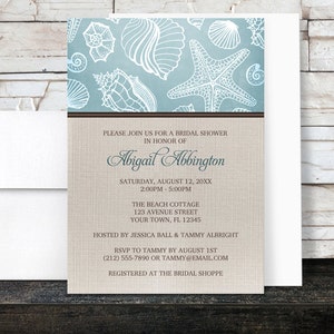 Beach Linen Bridal Shower Invitations Rustic Blue Seashell pattern with Brown and Beige Linen design Printed image 1