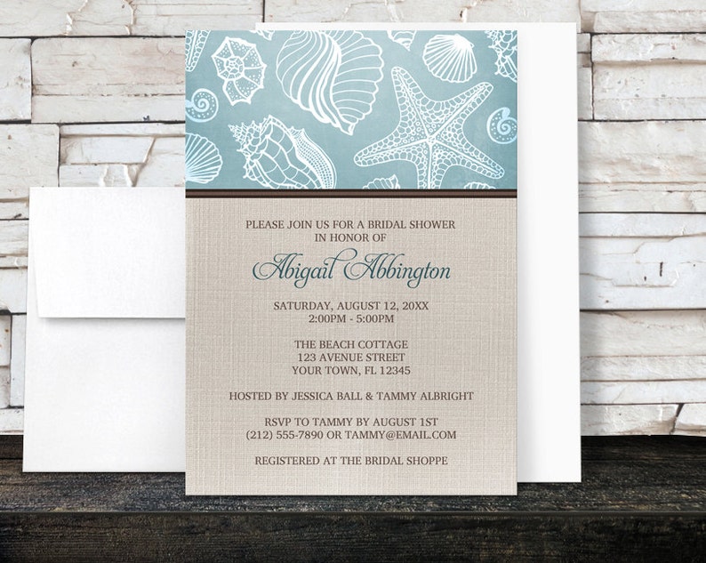 Beach Linen Bridal Shower Invitations Rustic Blue Seashell pattern with Brown and Beige Linen design Printed image 1