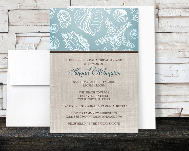 Beach Linen Bridal Shower Invitations Rustic Blue Seashell Pattern With Brown and Beige Linen