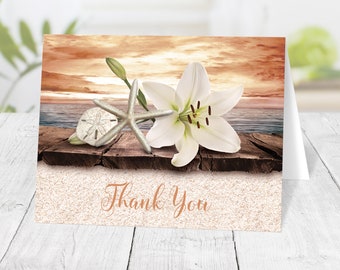 Autumn Beach Thank You Cards, Lily Seashells Sand - seaside water tropical orange sunset - Printed