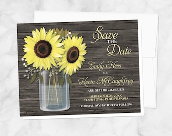 Sunflower Save the Date Cards, Rustic Sunflower Wood Mason Jar Save the Date - Printed