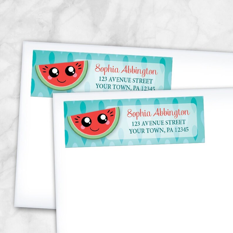 Watermelon Return Address Labels, Happy Smiling Watermelon Slice Kawaii style, red green turquoise seed pattern Printed Address Labels image 1