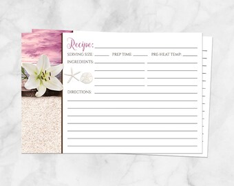 Beach Recipe Cards, Lily Seashells Sand, magenta pink and beige destination seaside design, tropical recipe cards - 4x6 Printed Recipe Cards