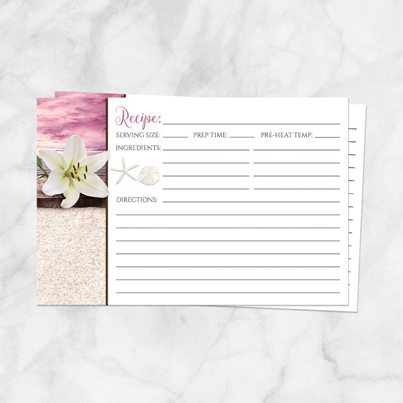 Beach Recipe Cards, Lily Seashells Sand, magenta pink and beige destination seaside design, tropical recipe cards 4x6 Printed Recipe Cards image 1
