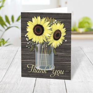 Rustic Sunflower Thank You Cards, country sunflower wood mason jar, folded Printed Cards image 1