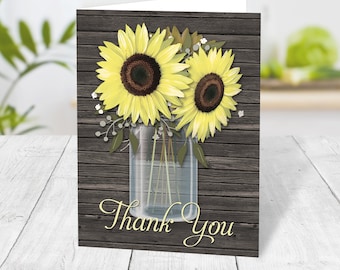 Rustic Sunflower Thank You Cards, country sunflower wood mason jar, folded - Printed Cards