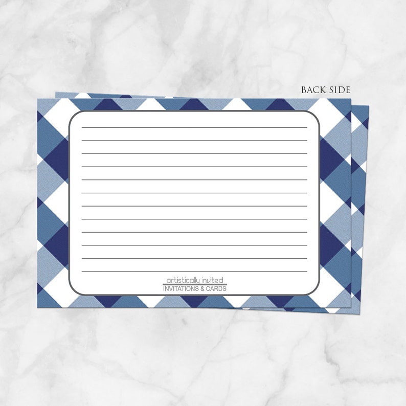 Navy Blue Gingham Recipe Cards, navy blue and white country check pattern, double-sided 4x6 Printed Recipe Cards image 2