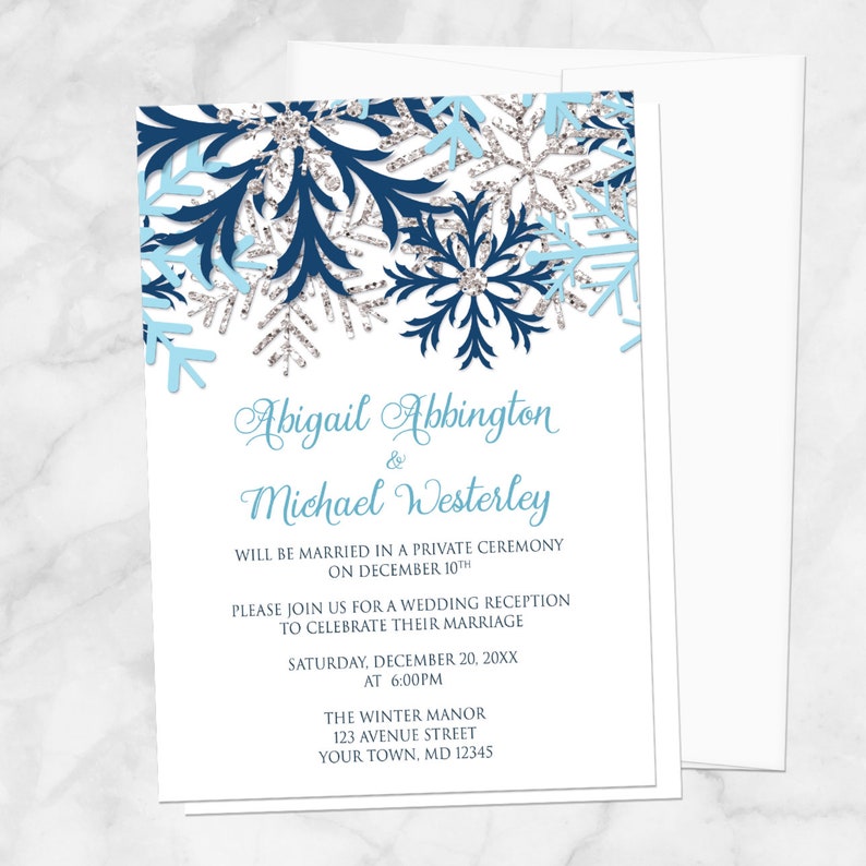 Winter Reception Only Invitations Blue Silver Snowflake design on White Post-Wedding Snowflake Reception Printed Snowflake Invitations image 1