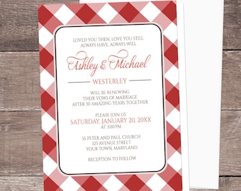 Red Gingham Vow Renewal Invitations, red and white gingham pattern, check pattern, renewing vows - Printed