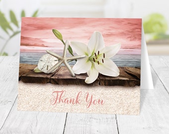 Coral Beach Thank You Cards, Lily Seashells Sand, tropical destination seaside - Printed