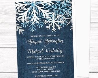 Winter Wedding Invitations, Rustic Snowflake Denim - white snowflakes over blue - Printed