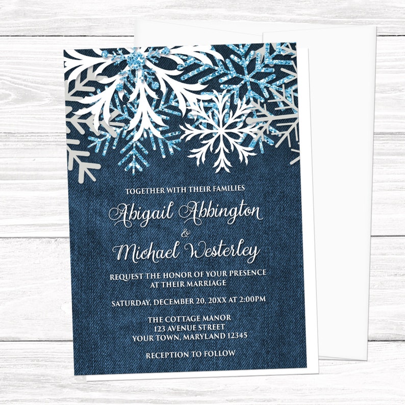 Winter Wedding Invitations, Rustic Snowflake Denim white snowflakes over blue Printed image 1