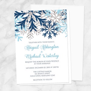 Snowflake Winter Wedding Invitations, Navy Aqua Blue Silver design on White Printed image 1