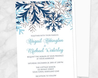 Snowflake Winter Wedding Invitations, Navy Aqua Blue Silver design on White - Printed