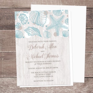 Seashell Beach Wedding Invitations, tropical whitewashed rustic wood turquoise tan white - Printed