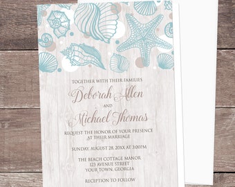 Beach Seashell Wedding Invitations, Whitewashed Wood, rustic - beach wedding invites - light rustic seashell invites - Printed Invitations