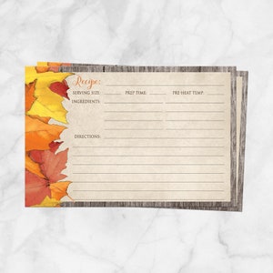 Rustic Fall Recipe Cards: Leaves and Wood, 4x6 Printed