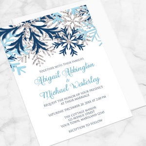 Snowflake Winter Wedding Invitations, Navy Aqua Blue Silver design on White Printed image 2