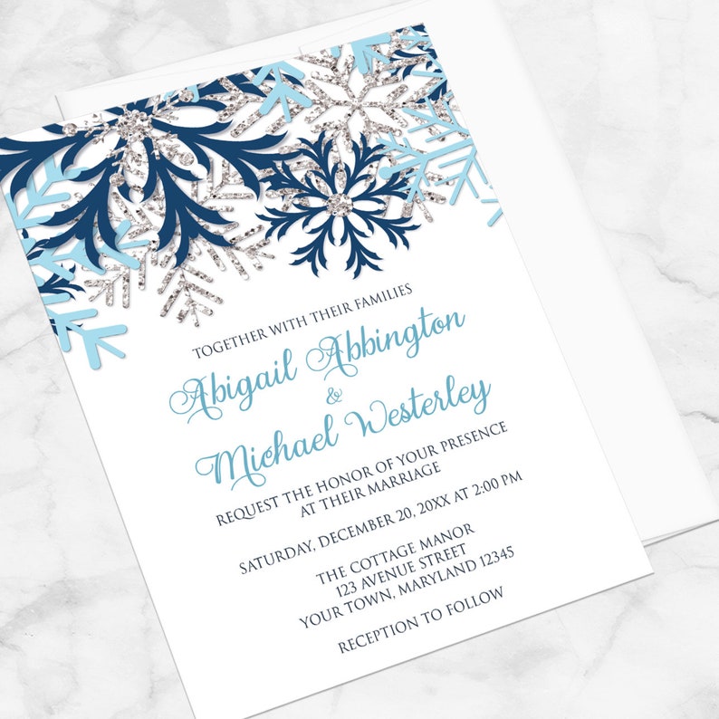 Snowflake Winter Wedding Invitations, Navy Aqua Blue Silver design on White Printed image 2