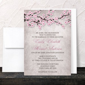 Pink Cherry Blossom Wedding Invitations, Rustic - floral branch design, spring summer invites - Printed