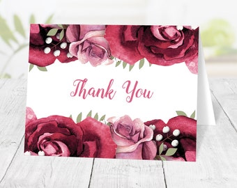 Rustic Rose Thank You Cards, Burgundy Pink Floral White - Printed Cards