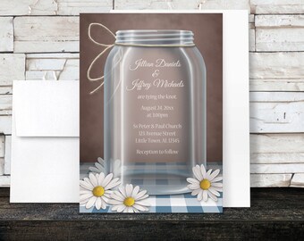 Mason Jar Wedding Invitations and RSVP - Rustic Country Daisy Gingham Brown - Printed Invitations