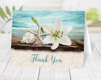 Beach Thank You Cards, Lily Seashells Sand Teal, destination tropical summer - Printed