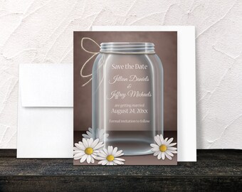 Mason Jar Save the Date Cards - Rustic Mason Jar Daisy Floral Brown - Printed Flat Cards