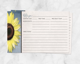 Sunflower Blue Recipe Cards, rustic yellow floral beige, double-sided - 4x6 Printed Recipe Cards