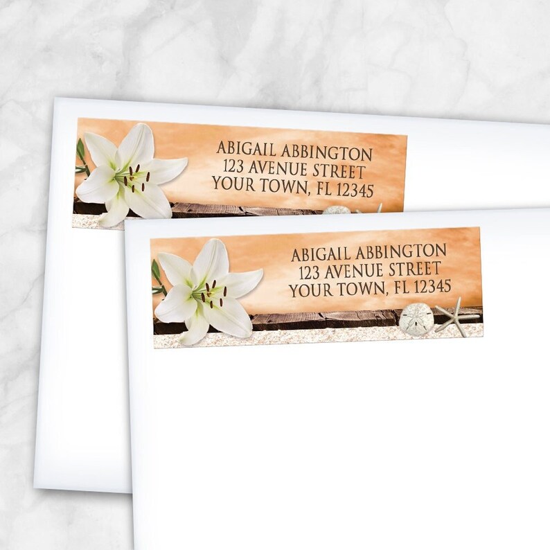 Autumn Beach Address Labels, Lily Seashells Sand Orange Fall Printed image 1