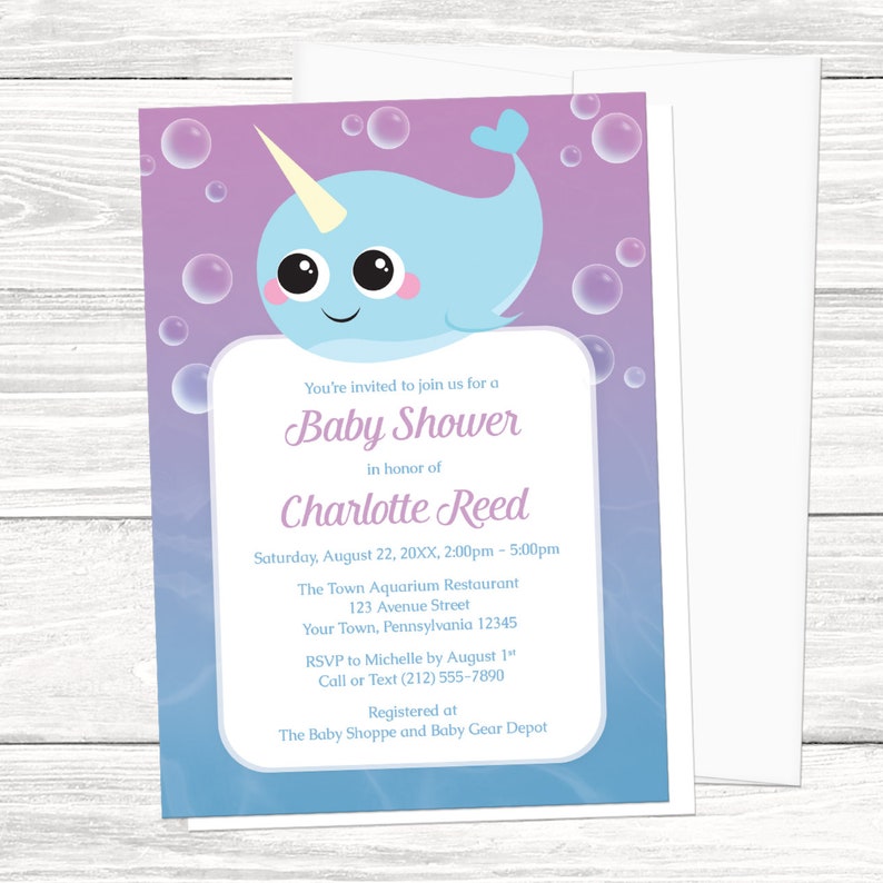 Happy Narwhal Baby Shower Invitation Purple Blue And Etsy