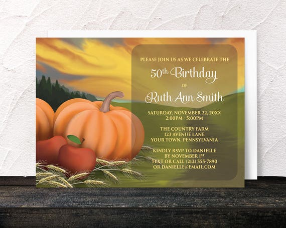 Autumn Harvest Birthday Invitations - Rustic Country Orange Pumpkin Red Apples and Hay - Any Age or Milestone - Farm or Fields - Printed Il_570xn