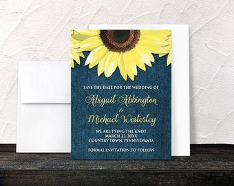 Sunflower Save the Date Cards - Rustic Country Denim Floral - Rustic Sunflower Yellow Blue - Printed Flat Cards