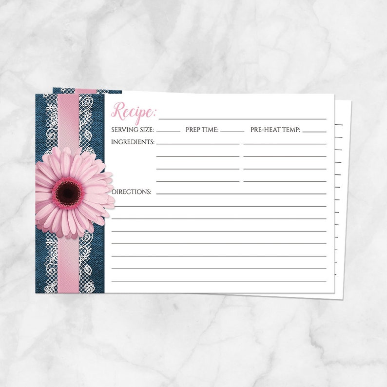 Pink Daisy Recipe Cards, Lace Rustic Blue Denim Floral Pink, double-sided 4x6 Printed Recipe Cards image 1
