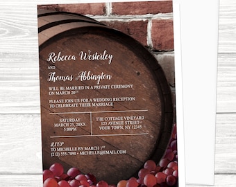 Reception Only Invitations - Rustic Wine Barrel Vineyard with informal RSVP - Winery Grapes with Brick - Printed Vineyard Invitations