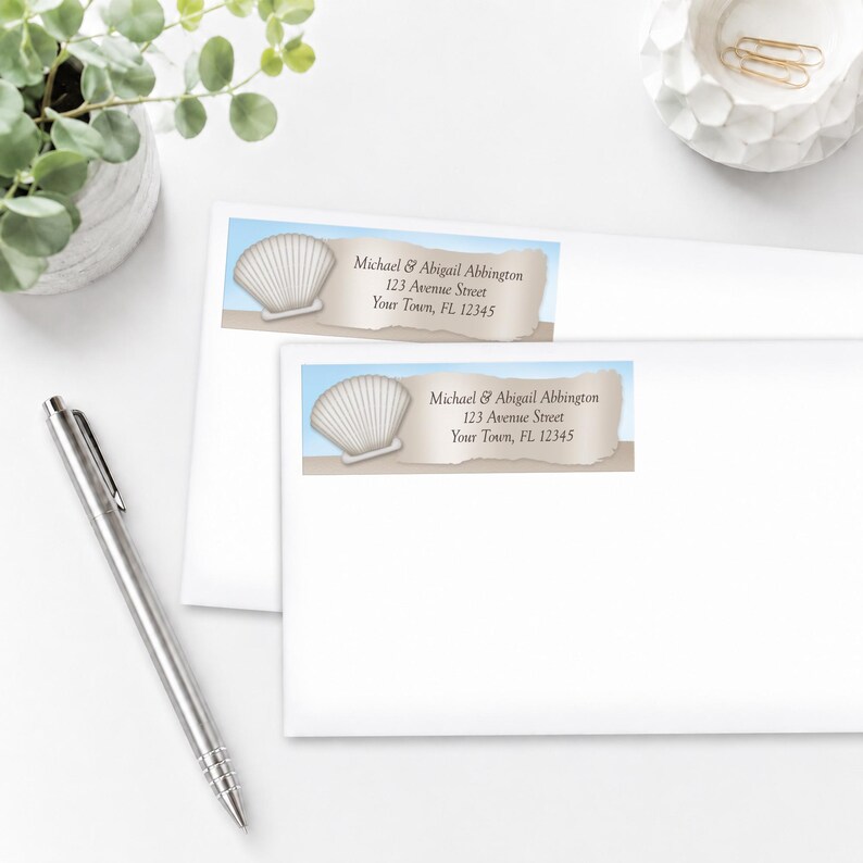 Sea Shell Label Beach Address Labels, Seashell Beige Sand Blue Sky, on the Beach ...