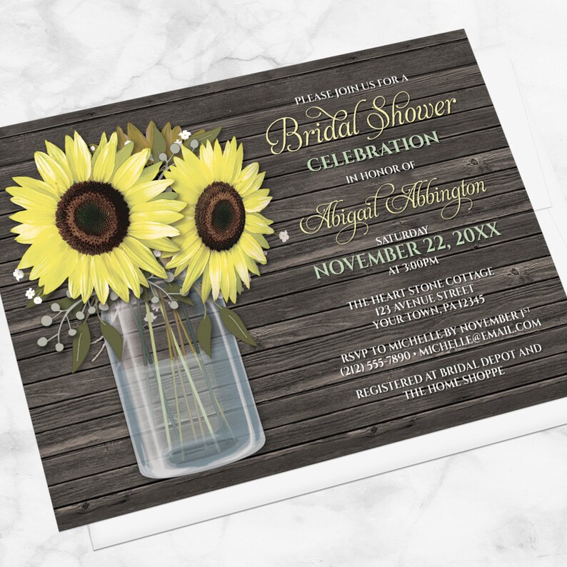Printed Rustic Wood Mason Jar bridal shower invites Sunflower Bridal Shower Invitations