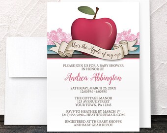 Pink Apple Baby Shower Invitations Girl - Apple of My Eye - Pink Turquoise and Brown, Apple Shower Invites - Printed Apple Invitations