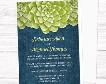 Succulent Reception Only Invitations Denim - Rustic Green Floral with Blue Denim - Post-Wedding Reception - Printed Invitations