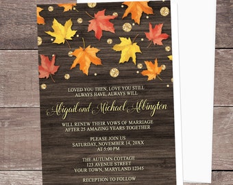Fall Vow Renewal Invitations, Rustic Falling Leaves with Gold, autumn vow renewal, Printed