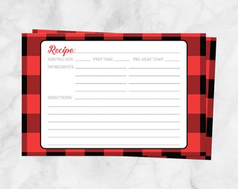 Red Buffalo Plaid Recipe Cards, red black check pattern, double-sided - 4x6 Printed Recipe Cards