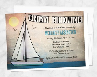 Sailboat Baby Shower Invitations, Rustic Nautical - Teddy bear sailboat with bunting banner, nautical shower invites - Printed Invitations